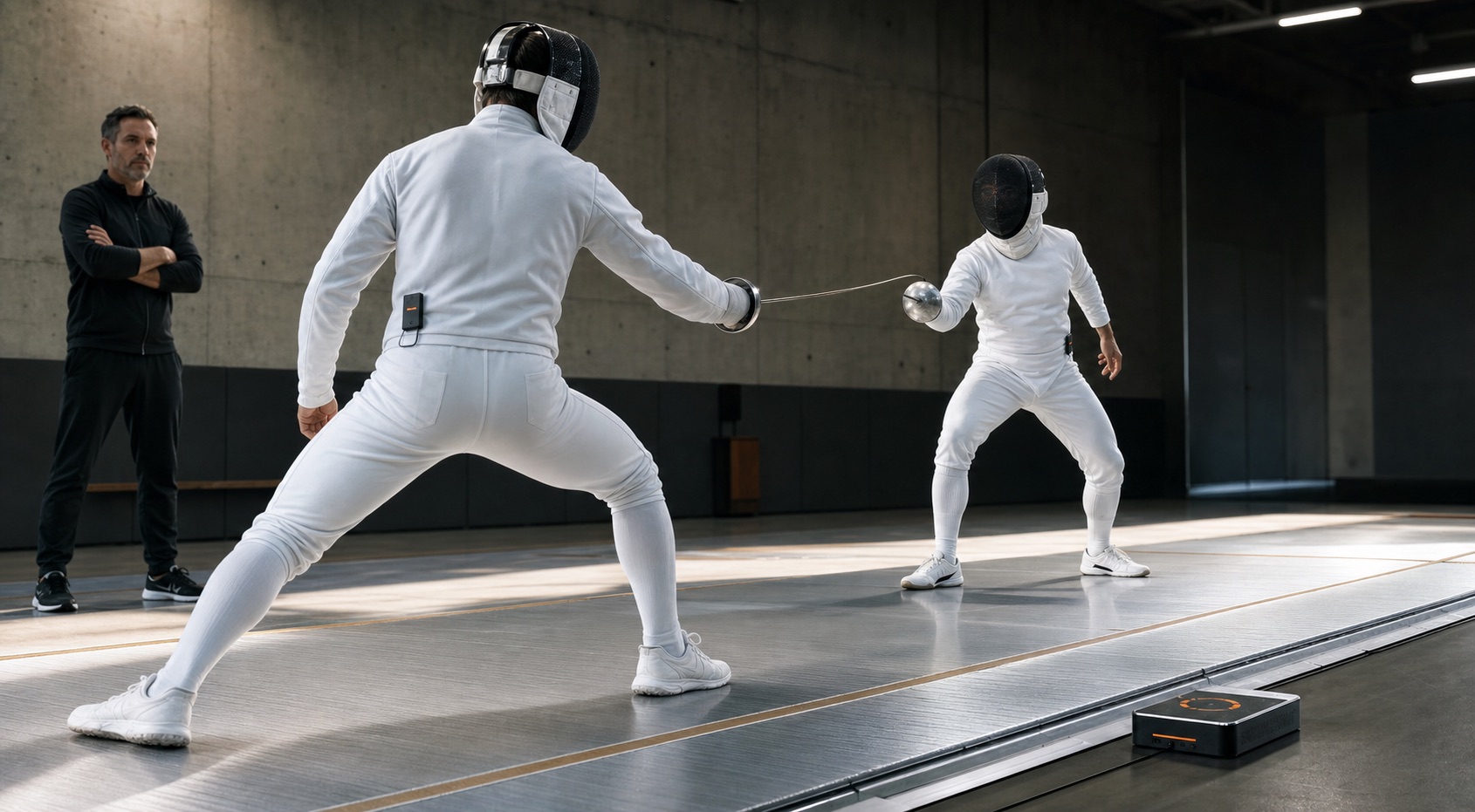 Two foil fencers moving through a club bout